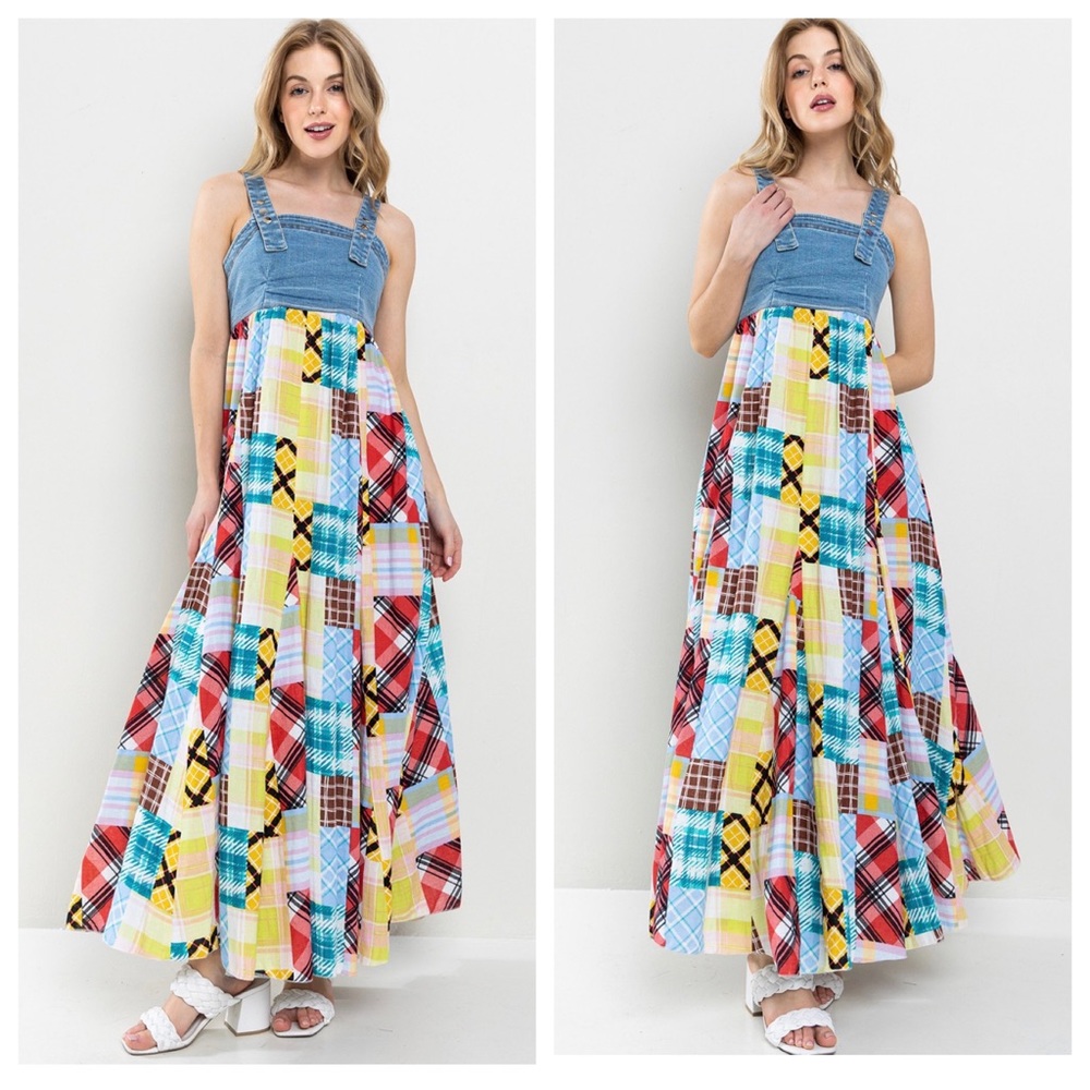24 Fabulous Denim Multi Fabric Pleated Suspender Maxi Dress - Picture 3 of 5